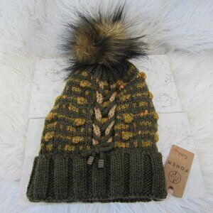 FONEM Women's Knitted Pom Pom Hat Green Metallic Lace-up Detail New!
